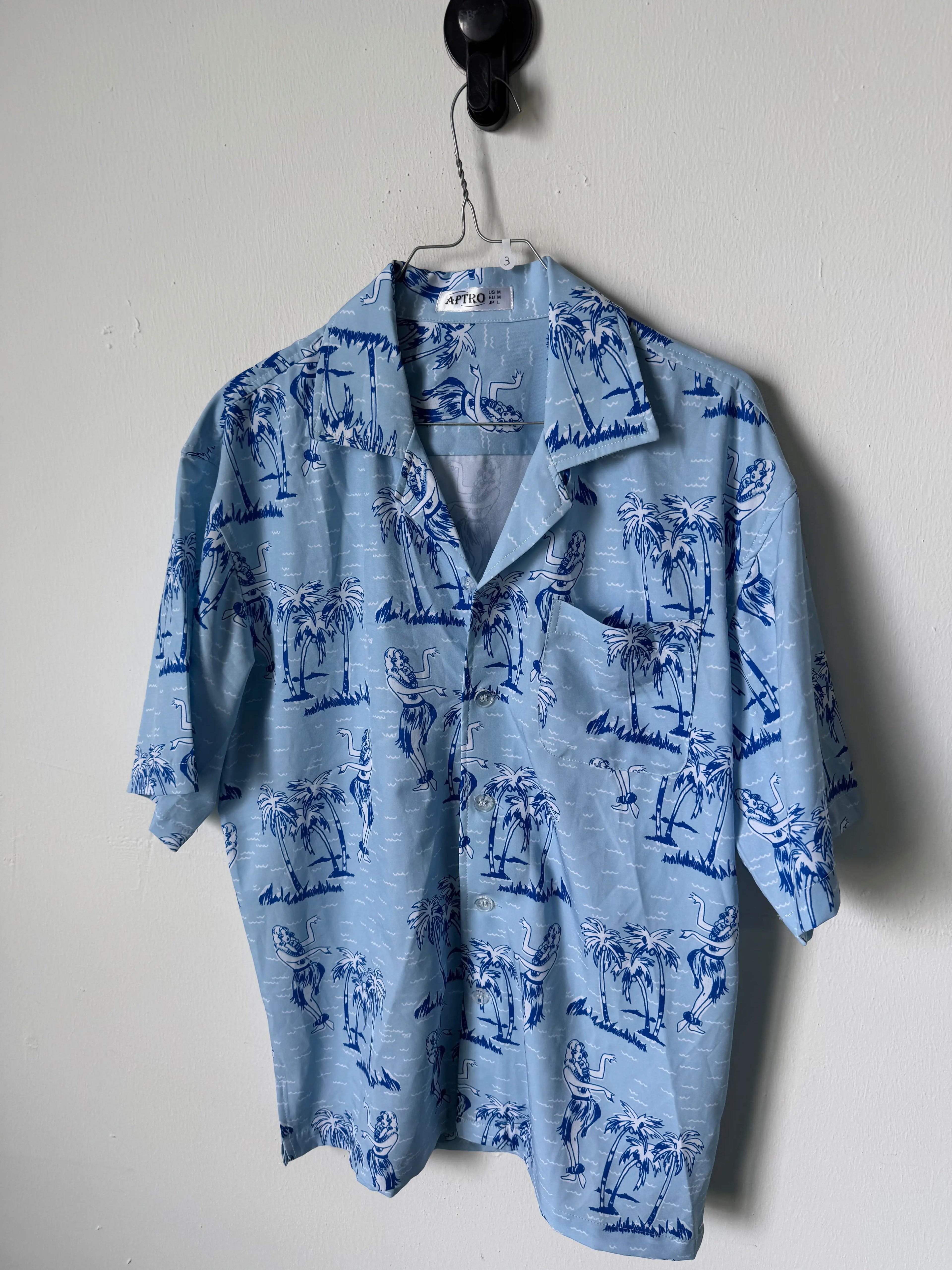 Camicia vintage a manica corta azzurra con fantasia hawaiana