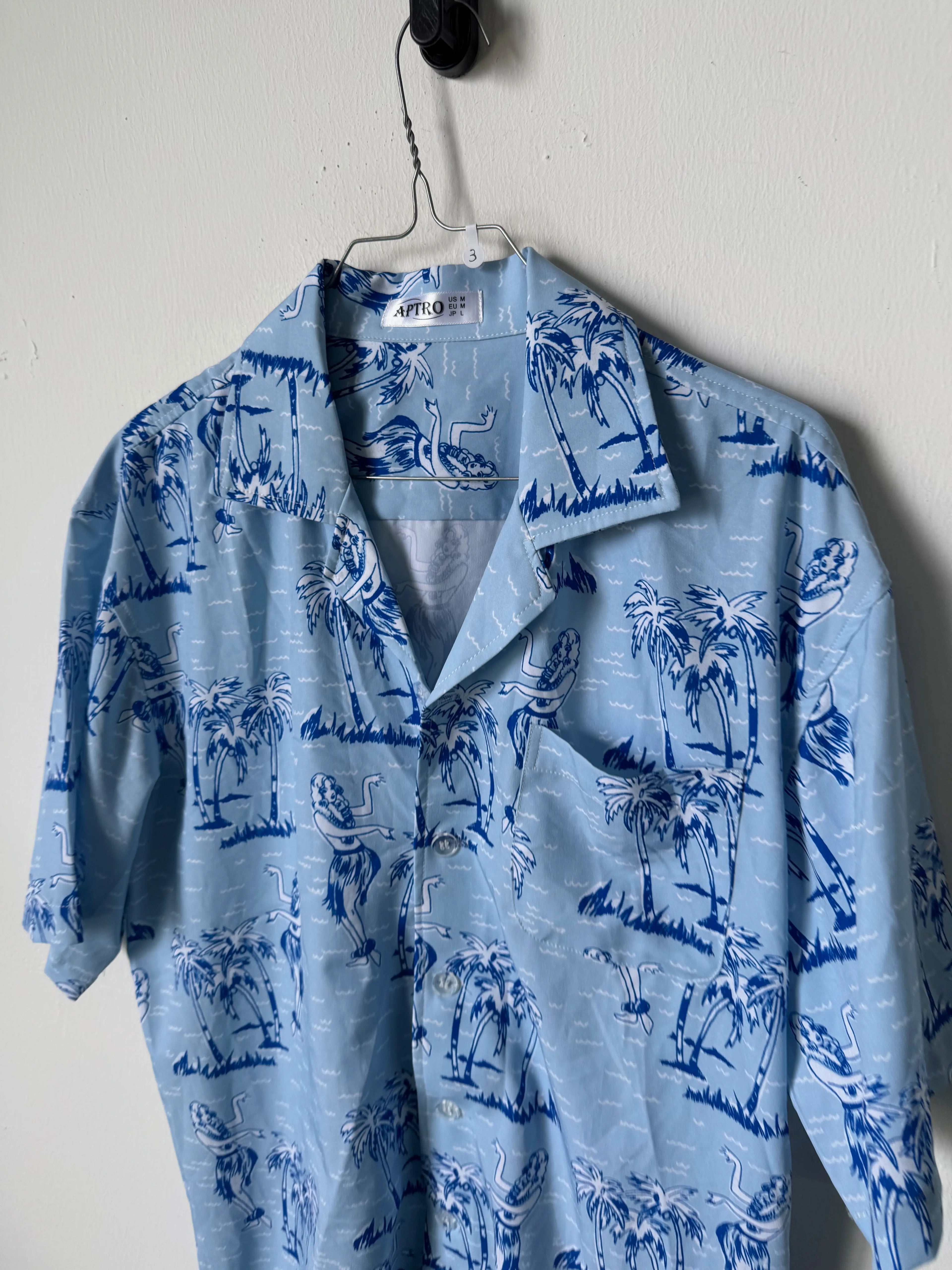 Camicia vintage a manica corta azzurra con fantasia hawaiana
