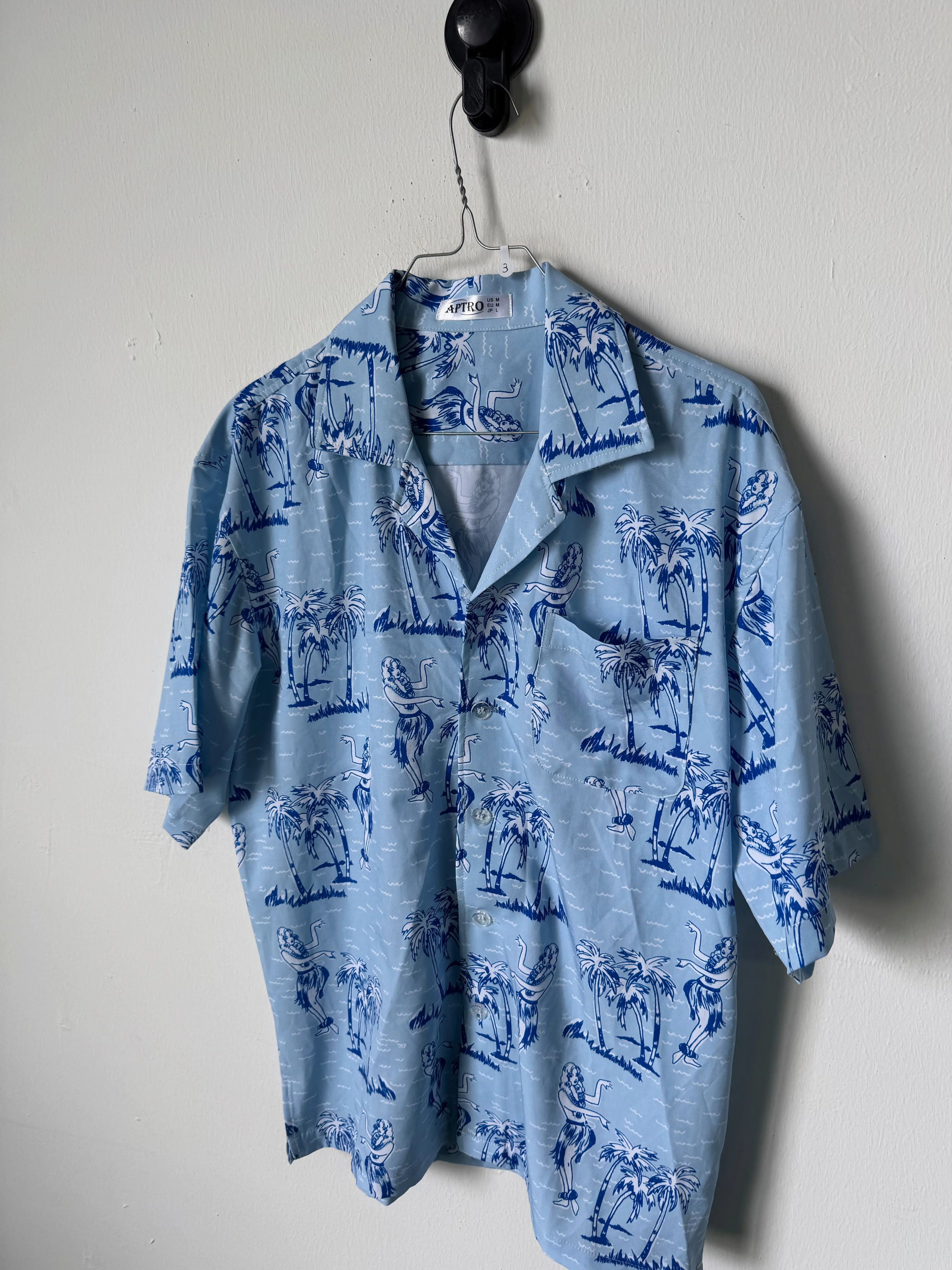 Camicia vintage a manica corta azzurra con fantasia hawaiana