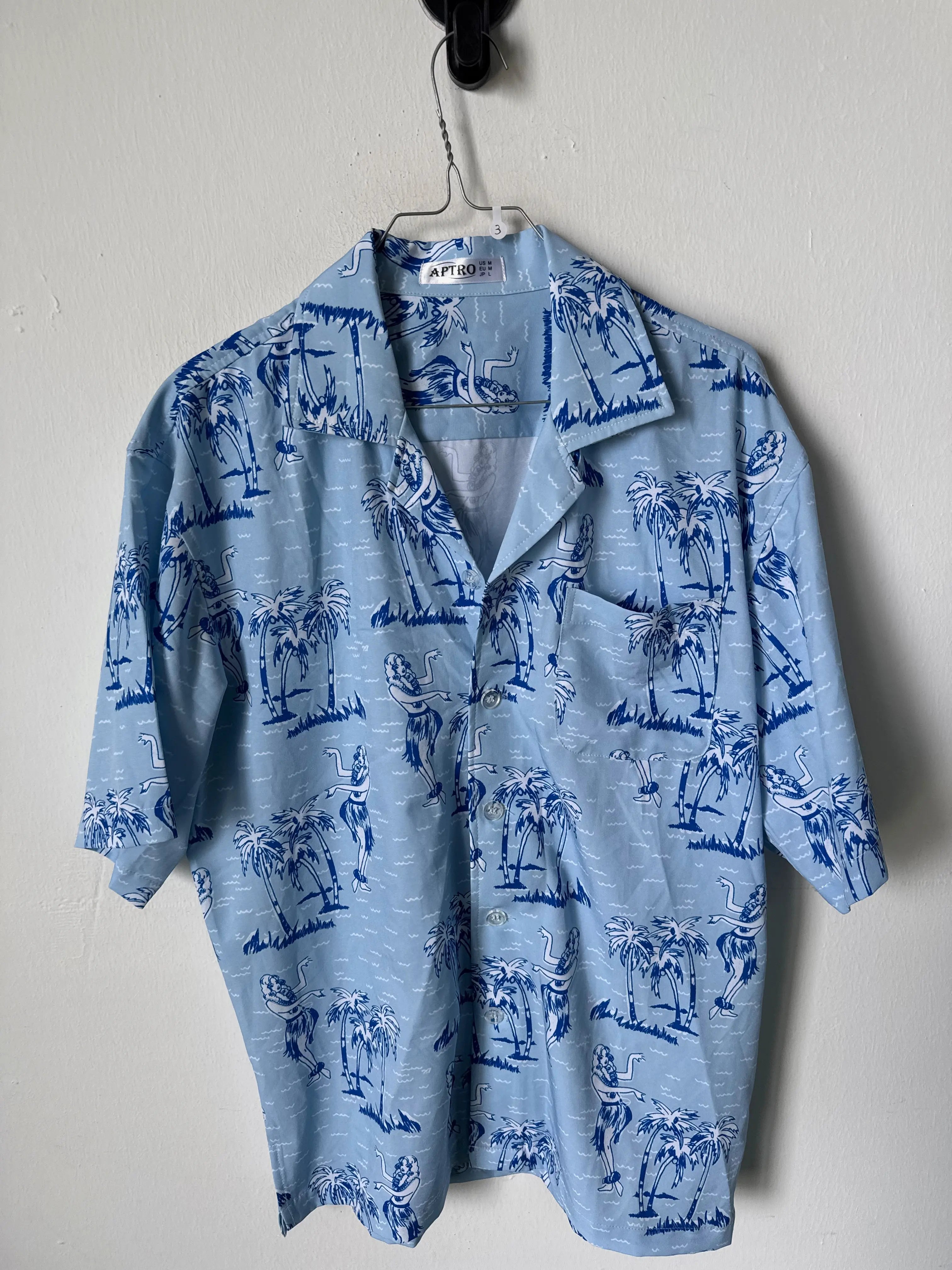 Camicia vintage a manica corta azzurra con fantasia hawaiana