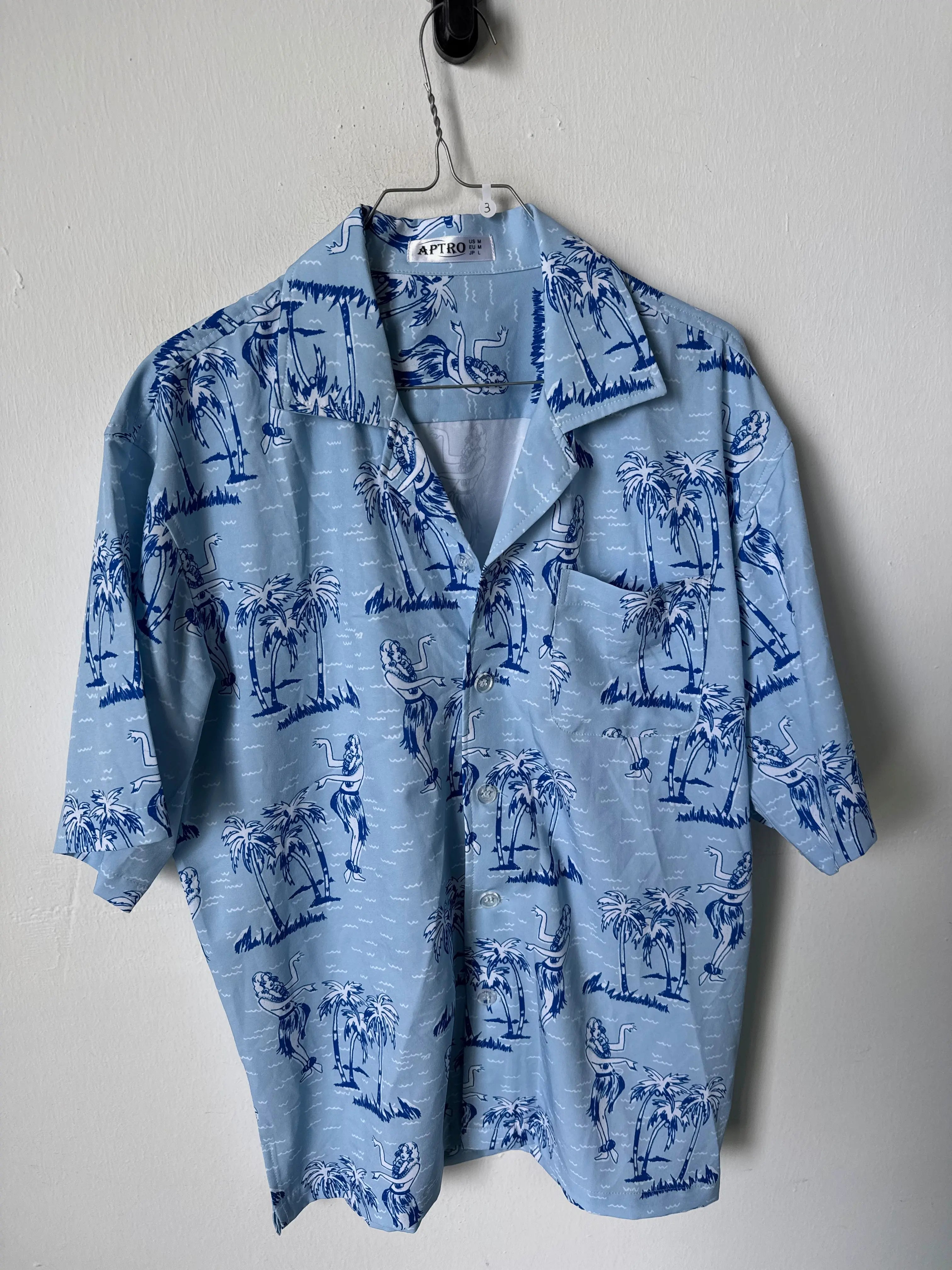Camicia vintage a manica corta azzurra con fantasia hawaiana